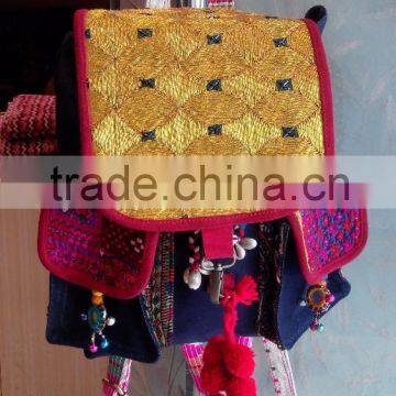 Colorful denim banjara bag ibiza style with pompom mirror tassels backpack