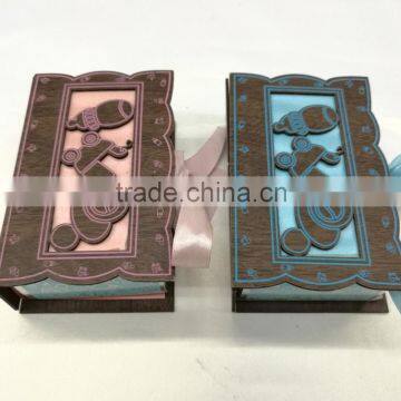Libya wooden baby shower candy box for blue and pink color with ribbon butterfly