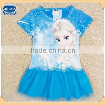 (K5216Y) blue 18M-6Y wholesale children clothes 3d printed girls fashion frozen tutu dress elsa t shirts for girls