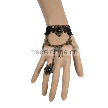 Spider and Heart Tassel Black Women Lace Bracelet with Alloy Chain Ring