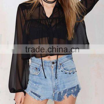 China supplier Sexy hot for girl long sleeve black fat fit chiffon crop top - SYK15137