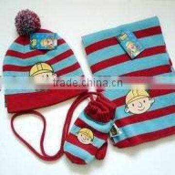 kids knitted pom pom beanie hat scarf gloves set