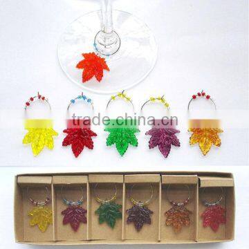 Maple leaf shape design colorful wine glass charms set