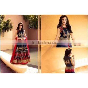 Provenance Navy Blue Raw Silk Lehenga Style Suit/indian designer anarkali suits