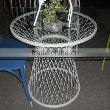 XY131019T wrought iron white table, metal wire table outdoor decor furniture, glass top round coffee table