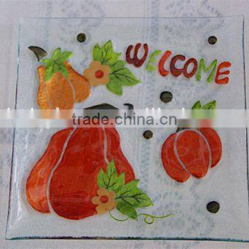 18.5CM square hand painted pumpkin glass plate