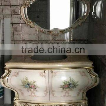 Elegant Floral Painting Bathroom Vanity With Double Sink, Carved Wooden Sanitary Ware Furniture Bathroom Cabinet With Marble Top photo-4
