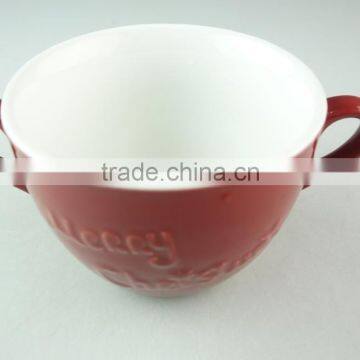 stock cheap red color ceramic soup cup with two handles