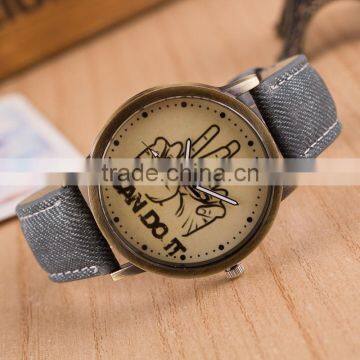 Wholesale Factory Price Free Sample Colorful Printing Thumbs up Leather Strap Quartz Watch photo-2