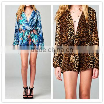 2014 Long loose sleeve print pattern casual wrap ruffle romper jumpsuit for American street women