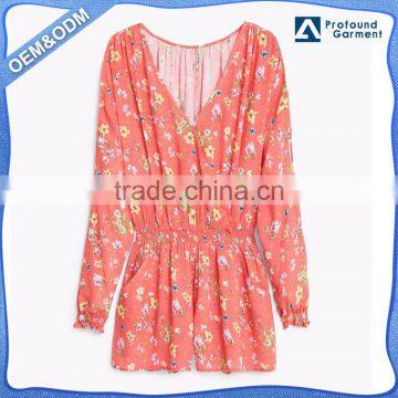 fashion shoulder design ladies v neck custom printing one piece jumpsuit for women