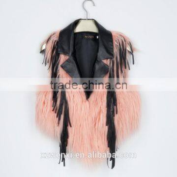 2016 New European Style Leather Splicing Faux Fur Vest Woman Dress