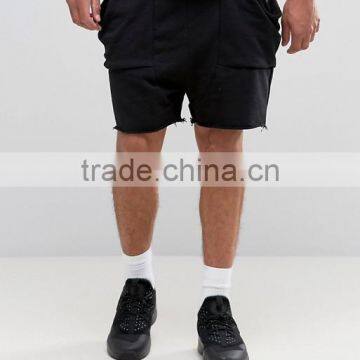 High Quality New Design Custom Raw Hem Drawstring Waist 100% Cotton Breathable Black Men's Sweat Big Side Pockets Fashion Shorts