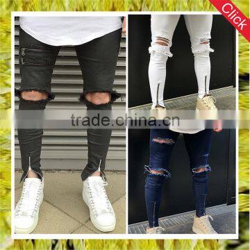 Custom male super skinny distressed moto biker denim pants men high stretch ripped trousers zipped tight ankle jeans 2017