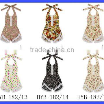 Wholesale Yiwu Cheap Kids Clothes Flower Printed Halter Sleeveless Lace Froal Baby Girl Vintage Romper Leotard Bodysuit photo-3