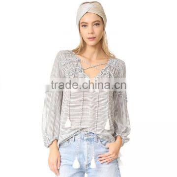 2017 OEM Femme Striped Gauze Tassel Girdle Holiday Blouses photo-6
