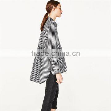 2017 OEM Spring Long Sleeves Babydoll Gingham Shirt With Flounce Uneven Hem photo-3