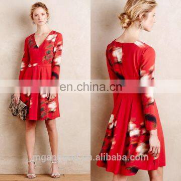 china supplier fashion women long sleeves fitted sexy v neck red fit and flare floral print dress