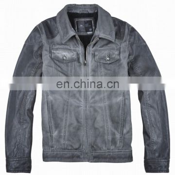 lastest design men fur lining denim fur coat with leather sleeves