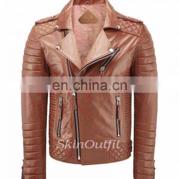 NEW MEN'S GENUINE LAMBSKIN STYLISH MOTORCYCLE BIKER LEATHER JACKET MANGO TAN