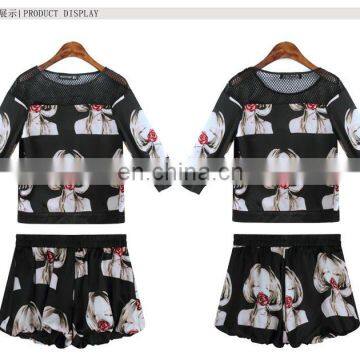 2015 Summer Full Print Women t Shirt and Short Pants Set Hot Sale Wholesale photo-3