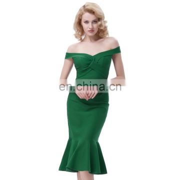 Belle Poque Retro Vintage 50s Off Shoulder V-Neck Hips-Wrapped Dark green Bodycon Pencil Wiggle Mermaid Dress BP000336-1