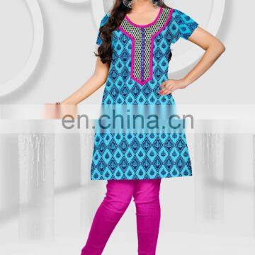 Latest neck pattern printed cotton fabric tunic for girls kurits