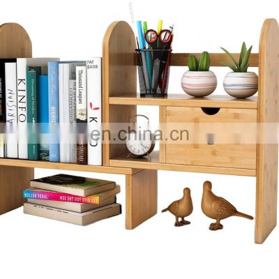 Bamboo Desktop Bookshelf Counter Top Bookcase Adjustable with 2 Drawers Desk Storage Organizer Display Shelf Rack for Office