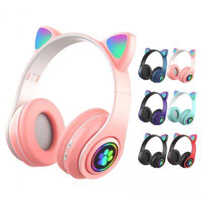 B39 Cute Cat Ears Wireless Headphone With Mic Flash Light LED Stereo Music Helmet Foldable Phone Headset Kid Girl Gift