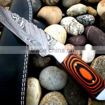 udk h13" custom handmade Damascus hunting knife with brass clips and colored sheet