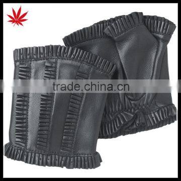 Ruffles-unlined leather fingerless black handwarmer gloves