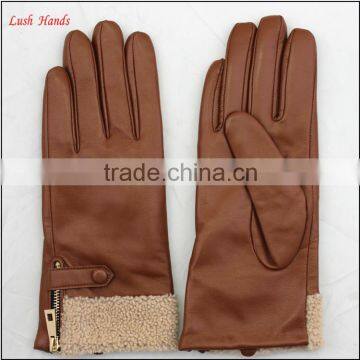 Ladies Cheap Driving Leather Hand Gloves With Lamb Fur photo-2