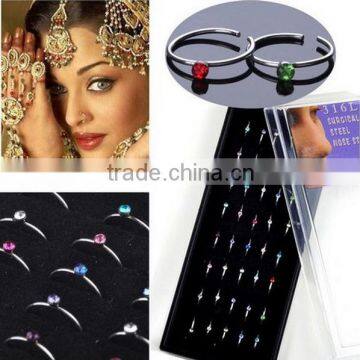 Fashion Surgical Steel Body Piercing Jewelry 40pcs/set Crystal Nose Rings