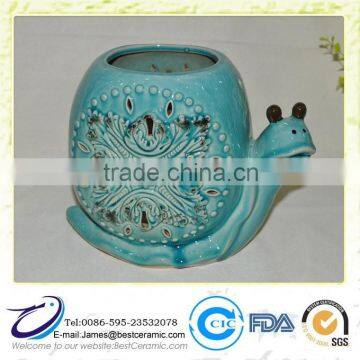 Blue Glazed Ceramic Large Snail Cutout Candle Holder Indoor Outdoor Lantern