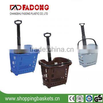 Metal handle Plastic Supermarket Shopping Basket With Two Wheels