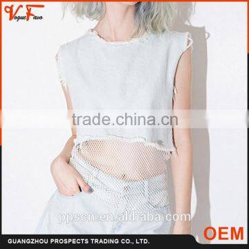 Latest fashion women tank top wish fish net bottom ladies crop top with mesh bottom                        
                                                                Most Popular