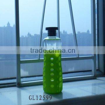 wide top opening pyrex glass water bottle with silicon lid and sleeve