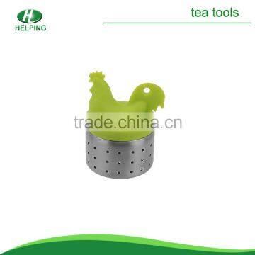 Green amusing Stainless steel tea strainer with cock shape silicone handle