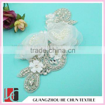 HC-2104 Crystal Bead Applique for Headband ,Lace Flower Pearl Applique with Hot Fix Rhinestones in Bulk