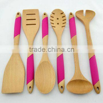 2014 popular cute beech wood kitchen utensil with silicone grip