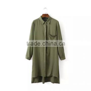 lady clothing pure color long sleeve asymmetrical long cotton army green shirt