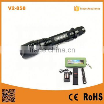 Hot Sale V2-858 18650 battery rechargeable long distance torch xm-l T6 long range led flashlight