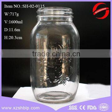 custom logo 1600ml clear round glass mason jar without handle