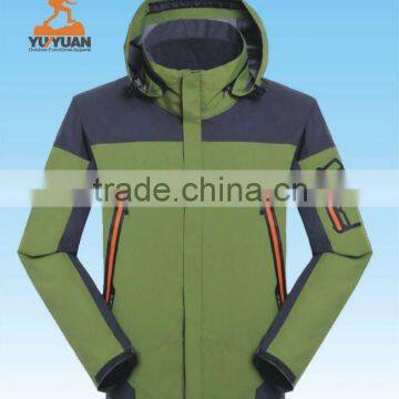 Mens green color ski suit outdoor functional jacket with hood