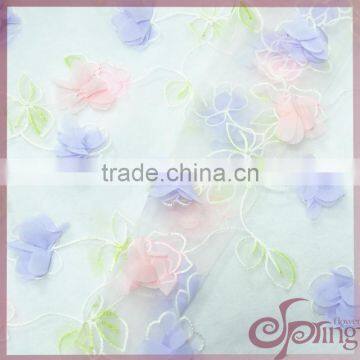 Colorful printed embroidered organza fabric, 3d flower lace applique designs fabric