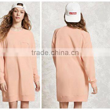 Woman Long Sleeve Raw-Cut Crew Neck Ribbed Trim Chest Patch Pocket Sweatshirt Dress