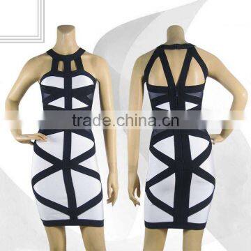 3 Color New Arrival High Quality Geometric Striped Cross Elastic Knitted Bandage Dress Printed Celebrity Party Dress photo-3