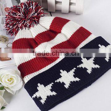 navy blue stars striped knit beanie with ball pom pom