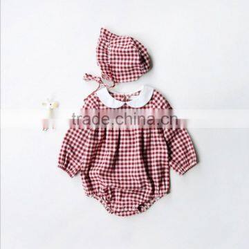 New Model Newborn Baby Clothes Toddler Red Gingham Long Sleeve Bodysuit With Peter Pan Collar Girls Romper