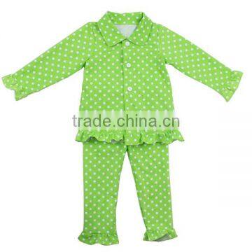 Wholesale 100% cotton ruffle pajamas girls polka dot pajamas green children Christmas pajamas